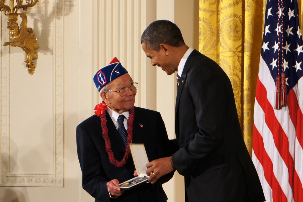 February 15, 2013 - President Obama awards Terry T. Shima with the 2012 Presidential Citizens Medal at a ceremony in the East Wing of the White House. (Photo by the Japanese American Veterans Association)