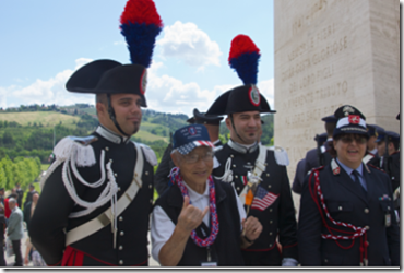 Roy Fujiwara, second from left, with Italian National Military Police (carabineri] officers in formal uniform to participate in the ceremony at the American cemetery in Florence, Italy.  Photo by Brian Yamamoto