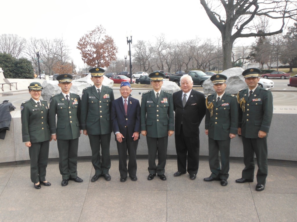 General Iwata at the Japanese American Memorial.  L-R: MAJ Yokoyama, COL Kasamatsu, MG Morishita, Terry Shima, General Iwata, Gerald Yamada, COL Iseri, and LTC Yamashita