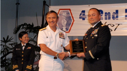 Admiral Harry Harris (center), JAVA life time member, presents the Courage, Honor, Patriotism Award to LTC Daniel Austin (right), Commanding Officer of 100, BN, 442nd Infantry.  LCDR Janelle Kuroda, USNR (left) read the 
citation.  Photo by Harley Kudaishi.