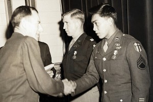  Brig Gen John Magruder, left, deputy director of the Office of Strategic Services, presents Dick Hamada the Soldier’s Medal on Jan. 3, 1946, in Washington, D.C., for Hamada’s role in Operation Magpie. Photo courtesy of the Hamada family.