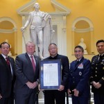 Del. L. Scott Lingamfelter, R-Prince William, Col., USA, (Ret), 2nd from left presents a resolution honoring Japanese-Americans who have served in the US military to Col. Dale Shirasago, USAF, (Ret), Capt. Wade Y. Ishimoto, US Army Special Forces, (Ret), Col. Derek Hirohata, USAF, Lt. Col. Mark Nakagawa, USA, (Ret), during a ceremony at the State Capitol in Richmond, VA.   -- BOB BROWN/TIMES-DISPATCH, Tuesday, Feb. 24, 2015.