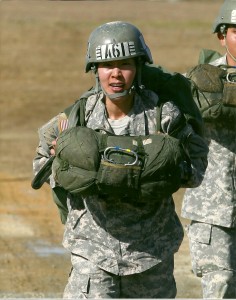 Lt. Col. Kay Wakatake returns to the assembly area after completing her first airborne jump on Nov. 24, 2014. (Photo by 5jump)
